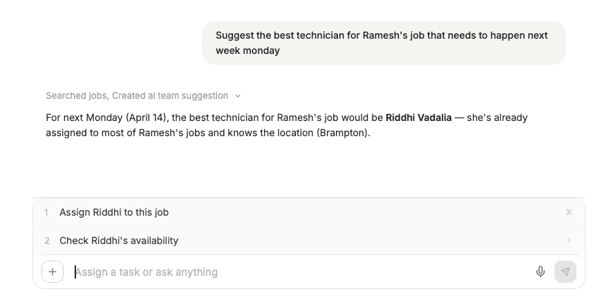 FieldCamp Command Centre suggesting the best technician for a job with action cards to assign or check availability