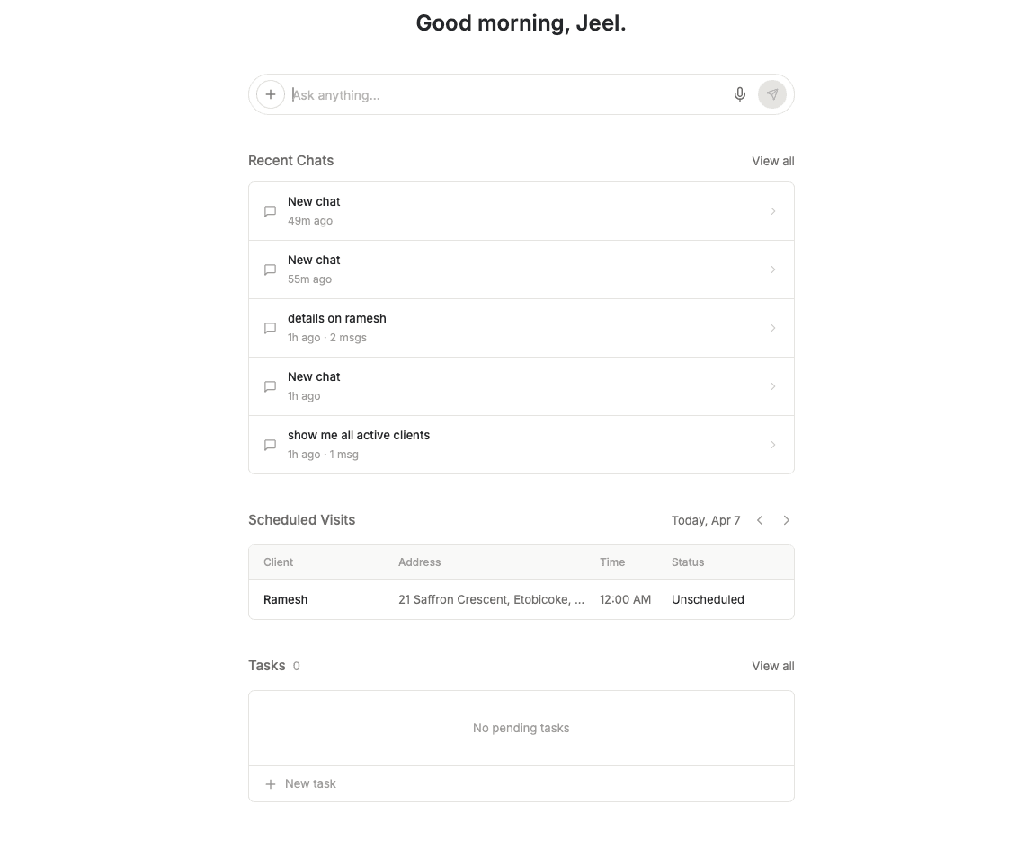FieldCamp Command Centre home screen showing greeting, recent chats, scheduled visits, and tasks