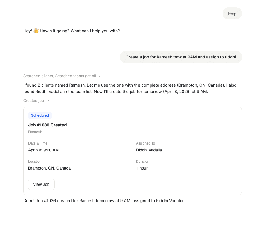 FieldCamp Command Centre showing Job #1036 Created card with date, assigned technician, location, and duration