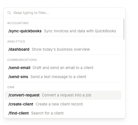 FieldCamp Command Centre slash command menu showing available commands like /dashboard, /send-email, /create-client