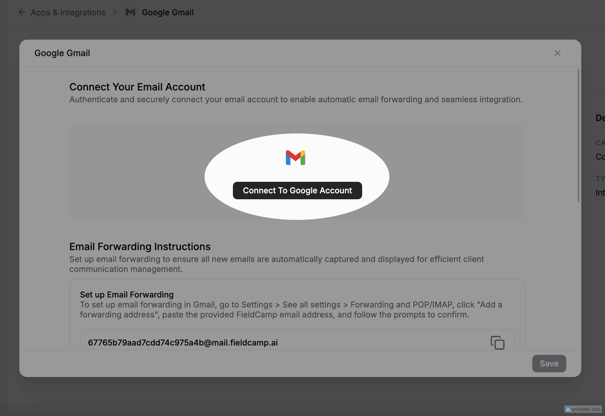 FieldCamp Apps and Integrations page with the Gmail connector and Connect button highlighted