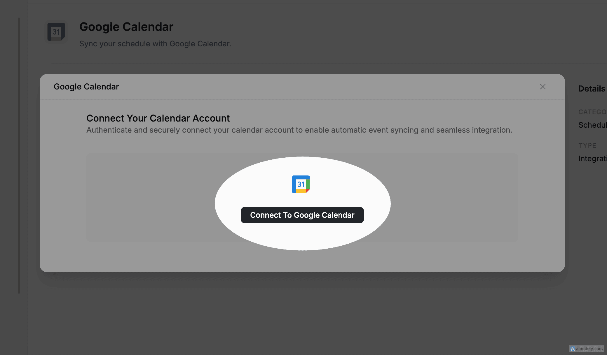 FieldCamp Apps and Integrations page with the Google Calendar connector and Connect button highlighted