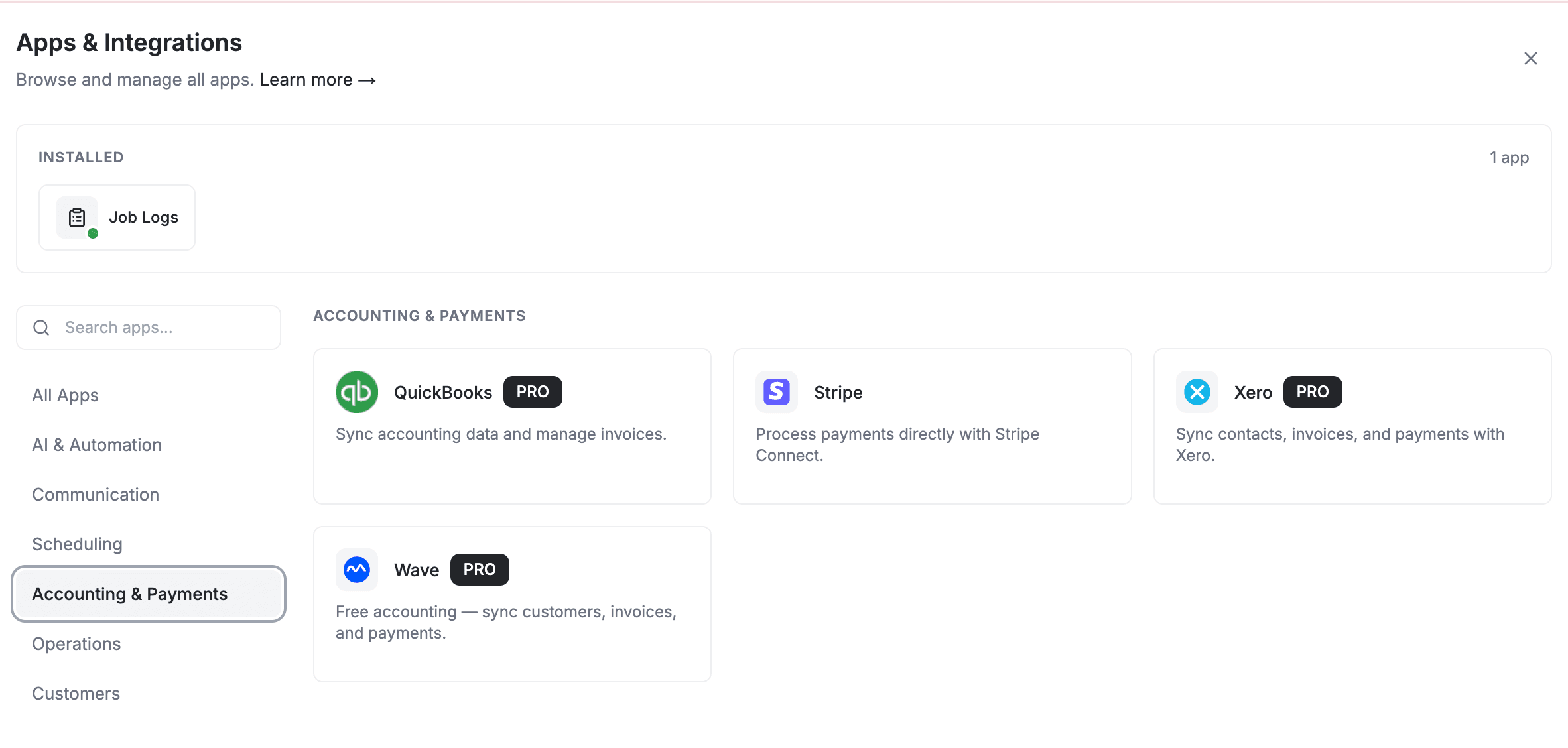FieldCamp QuickBooks category mapping settings showing line items matched to QuickBooks account categories