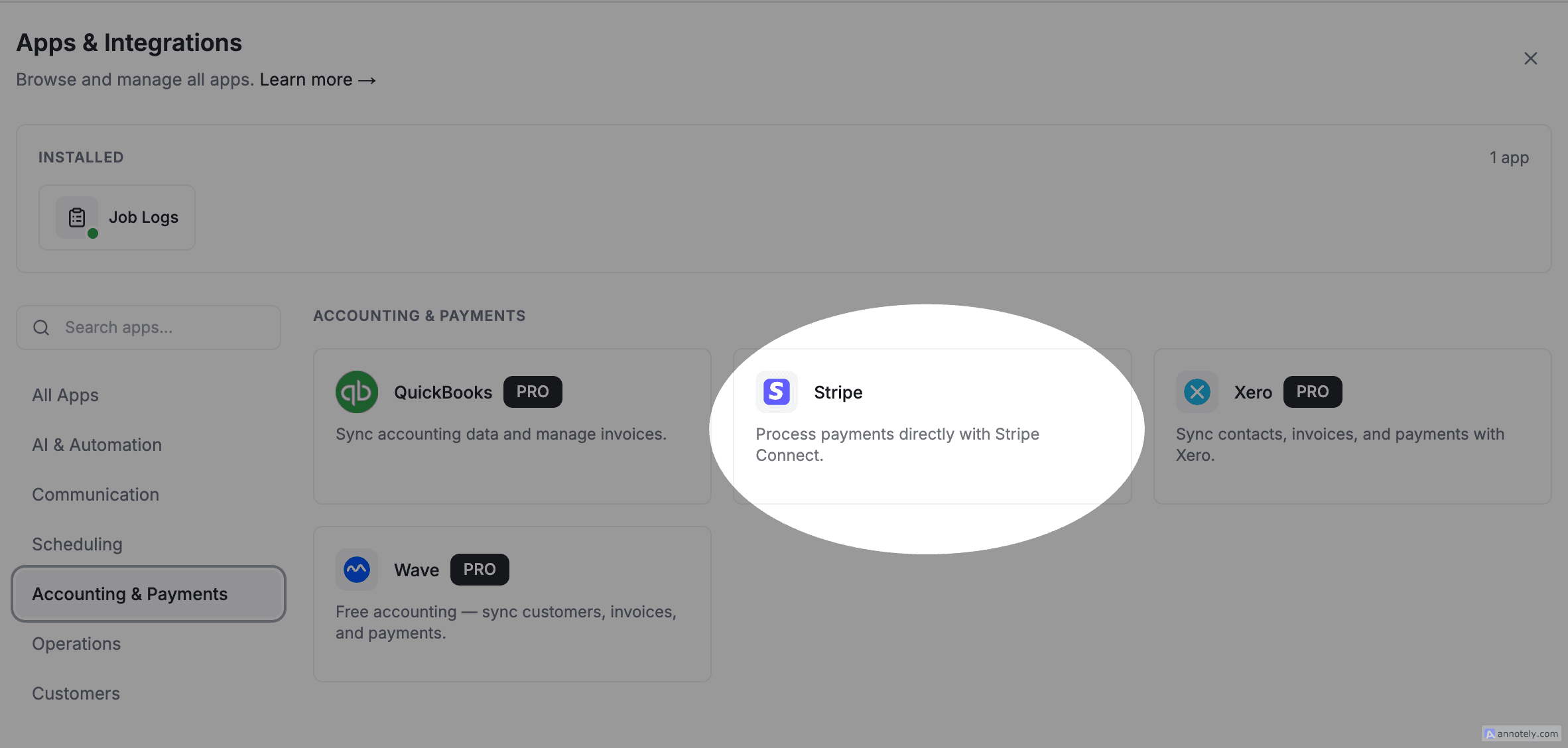 FieldCamp Apps and Integrations settings page with the Stripe connector and Connect button highlighted.
