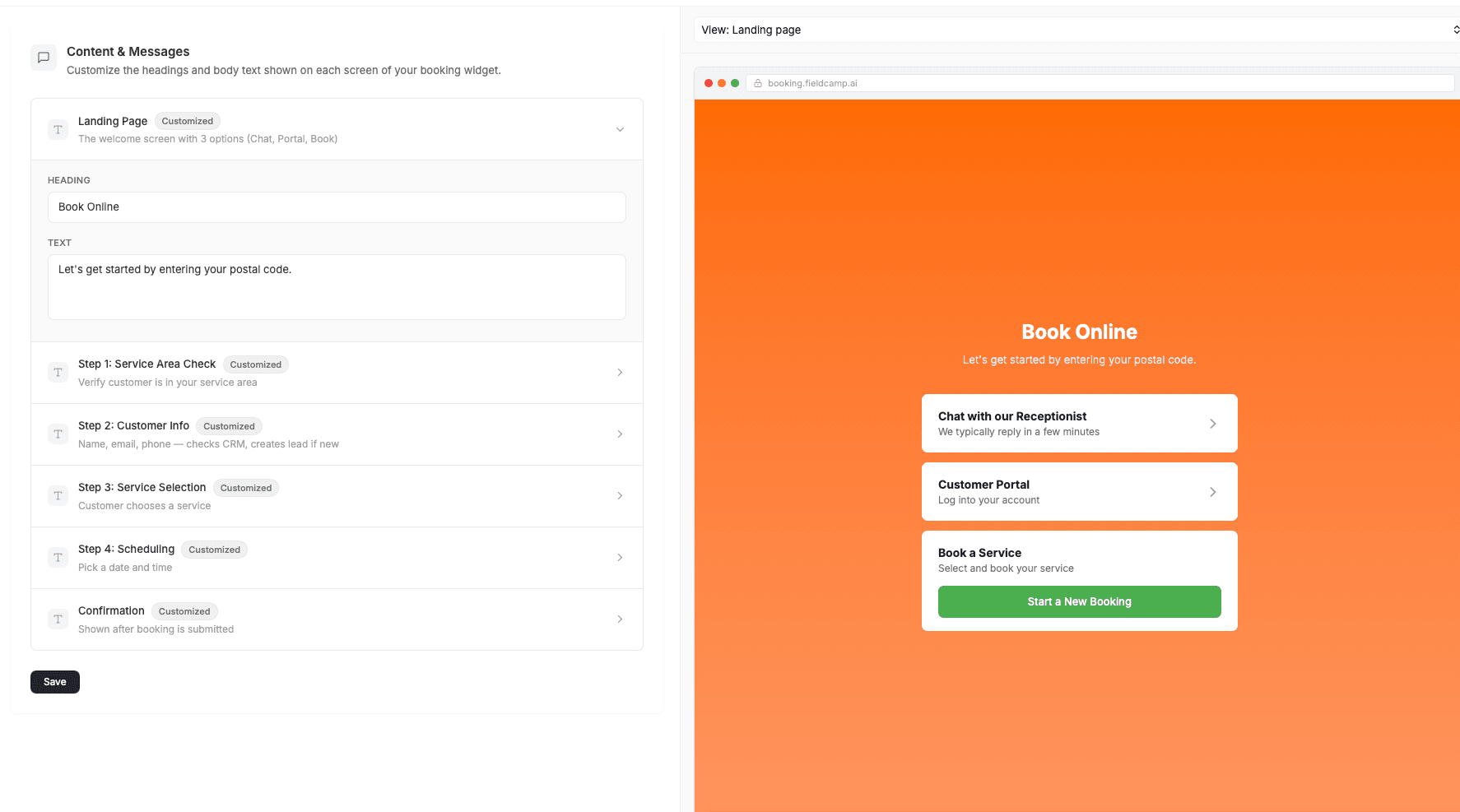 FieldCamp Online Booking Content tab showing Content and Messages panel with per-screen text customization for Landing Page, Service Area Check, Customer Info, Service Selection, Scheduling, and Confirmation with live preview