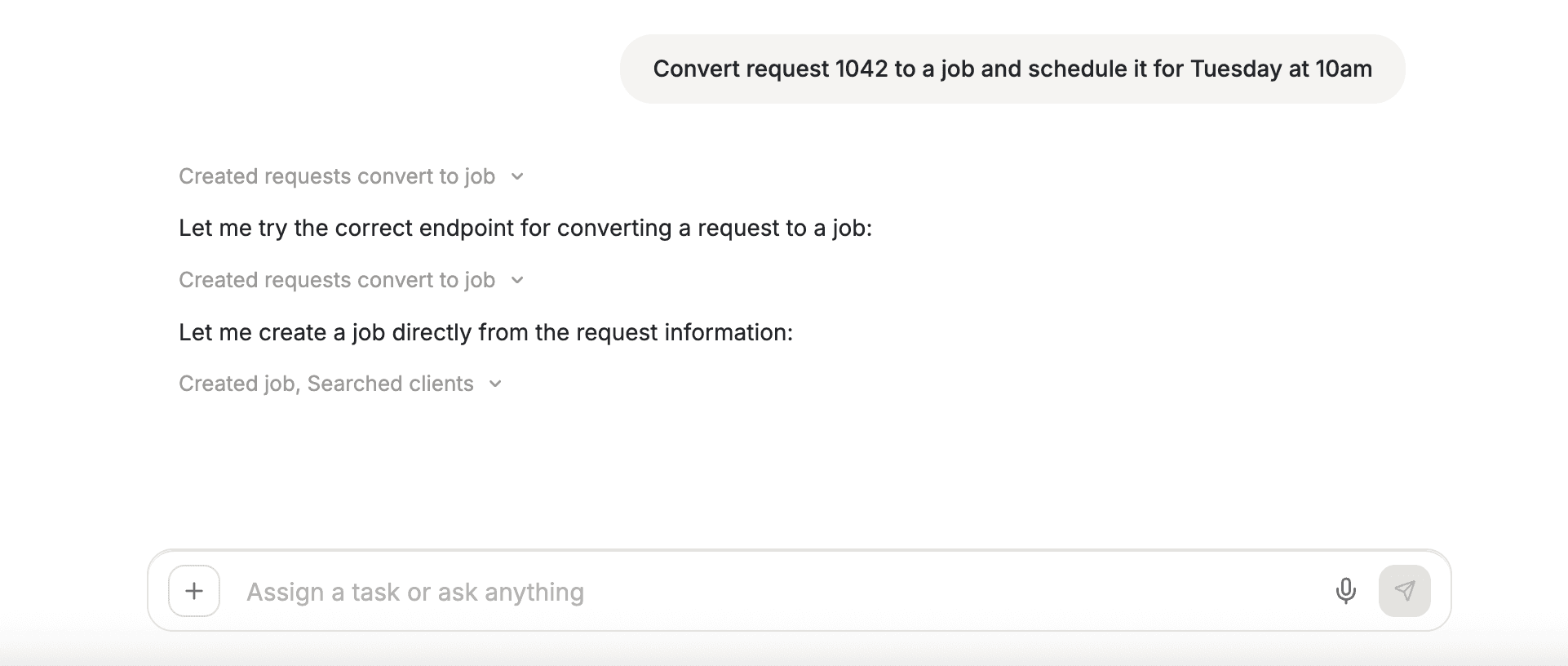 FieldCamp Command Centre converting request 1042 to a job and scheduling it for Tuesday at 10am