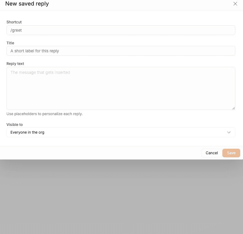 FieldCamp New saved reply form showing Shortcut, Title, Reply text, and Visible to fields