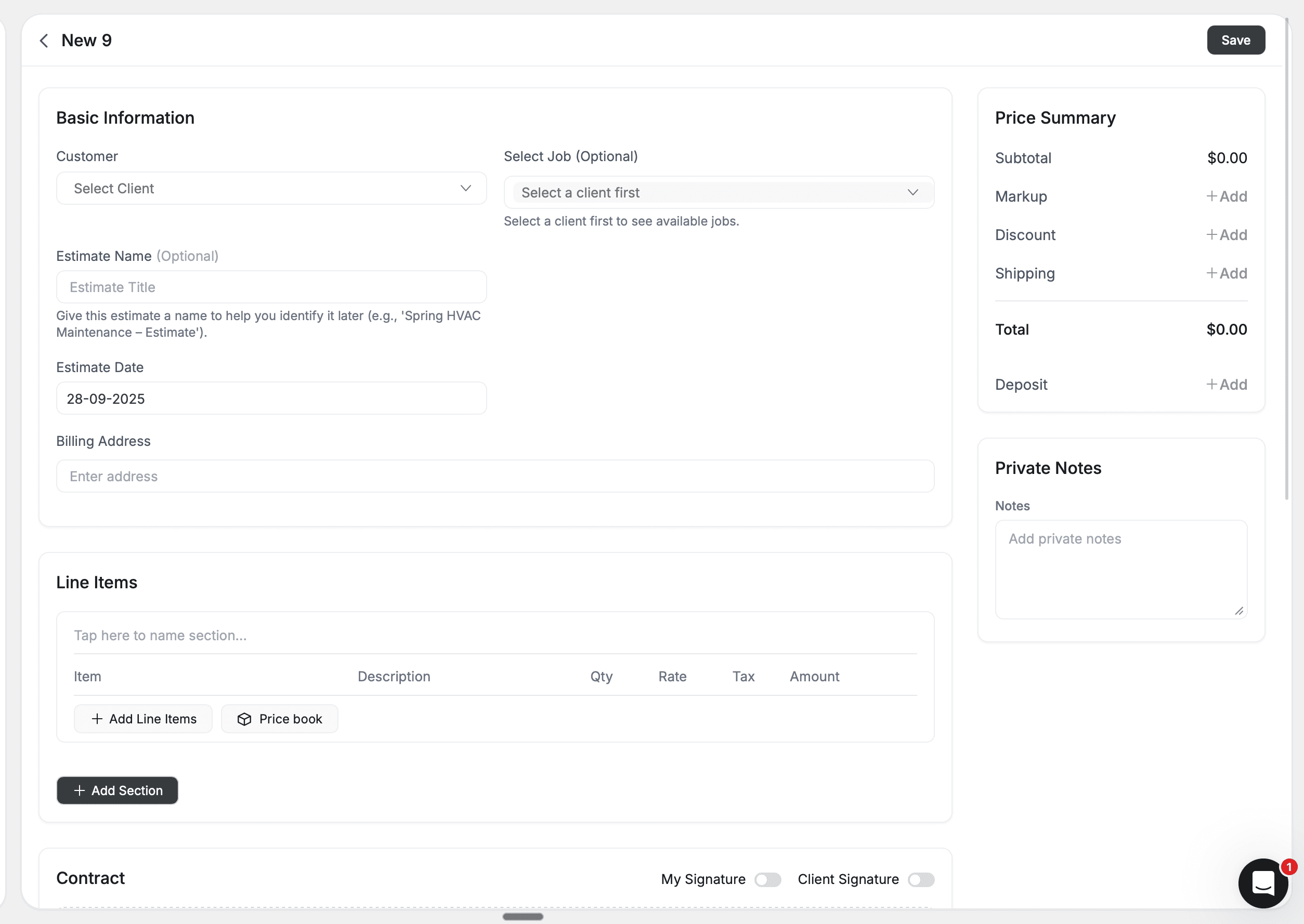 creating estimates inside fieldcamp
