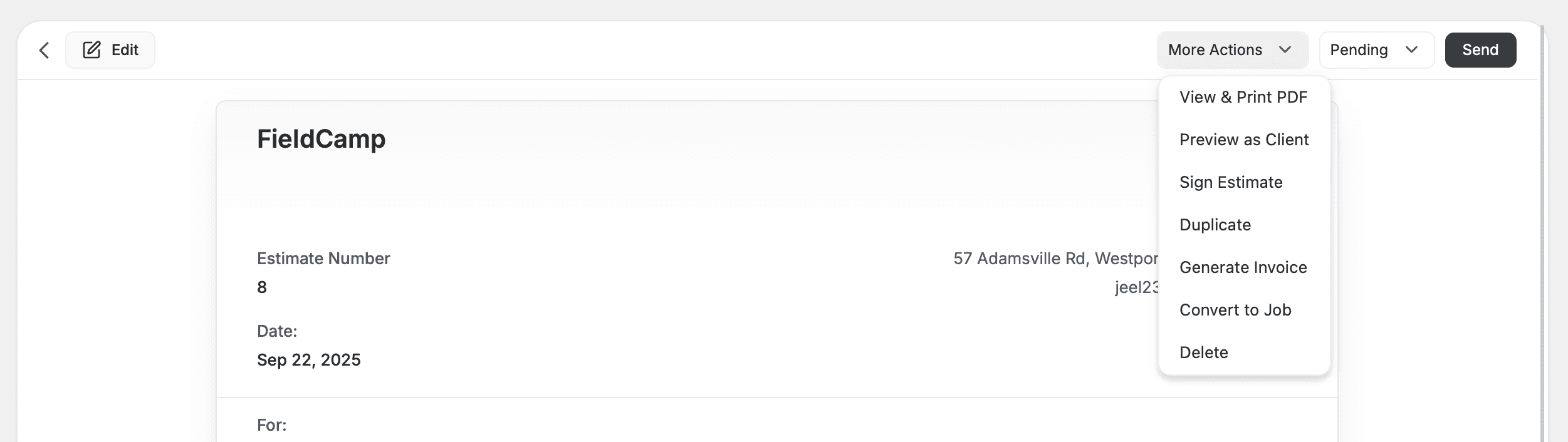 actions for estimates in fieldcamp