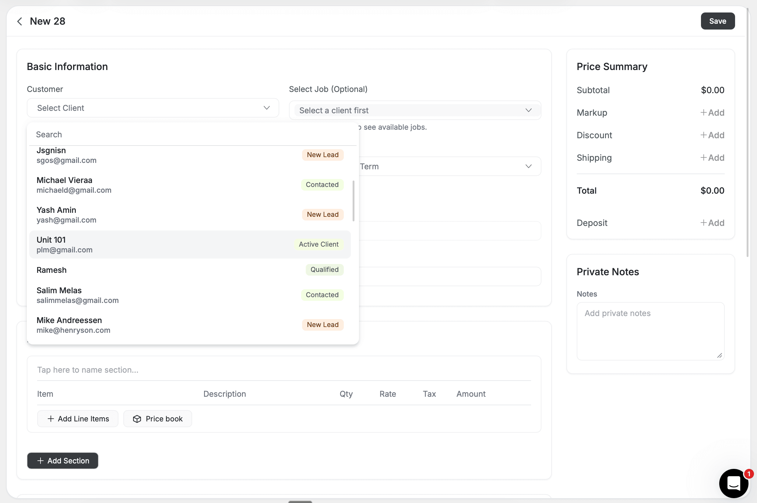 creating new invoices inside fieldcamp