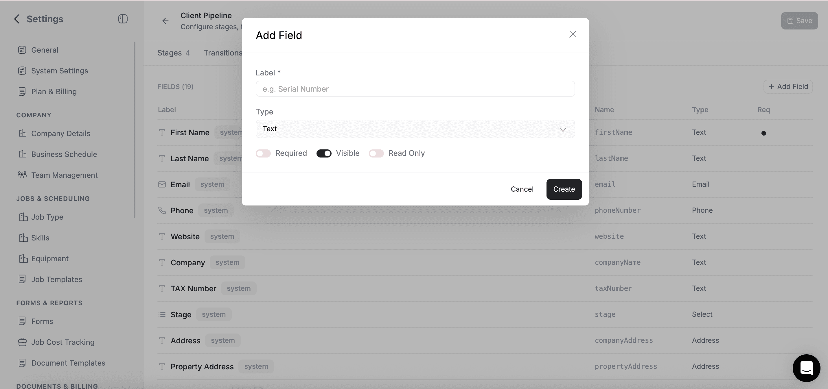 FieldCamp Add Field modal showing field name input, field type dropdown with options like Text, Number, Select, and required toggle