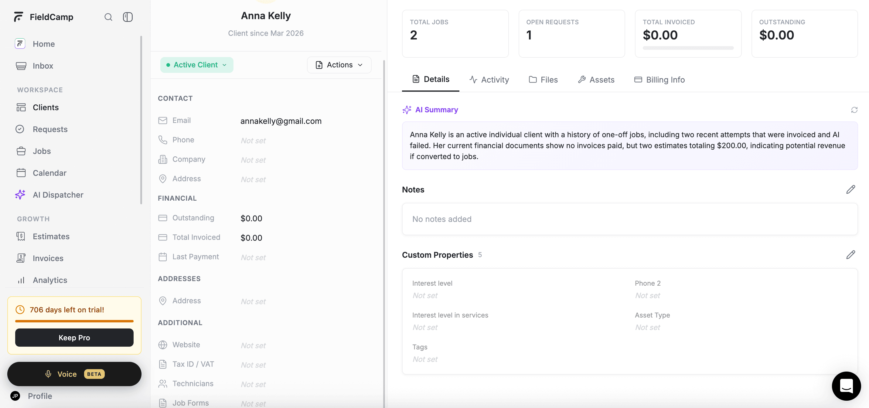 FieldCamp client detail page showing custom fields under the Additional Information section with colored badge values for Select fields