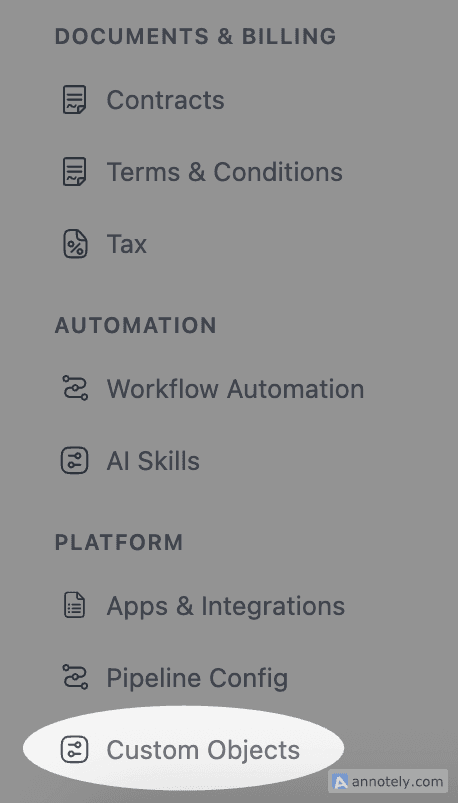 FieldCamp Settings page showing the Custom Objects list with example object types, their icons, colors, and record counts