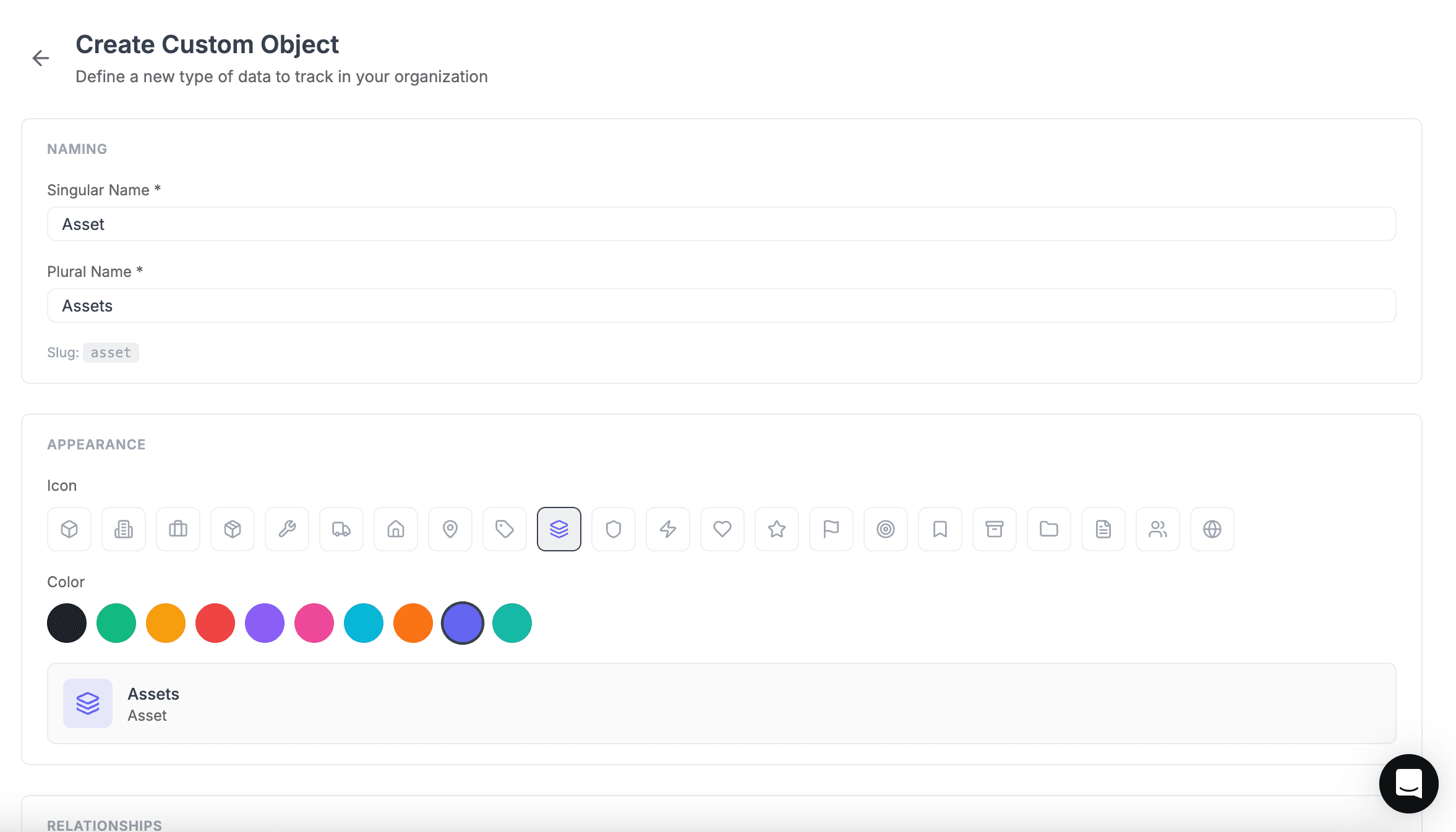 FieldCamp Create Custom Object form with naming fields, icon picker, color picker, parent object dropdown, and sidebar and pipeline toggles annotated