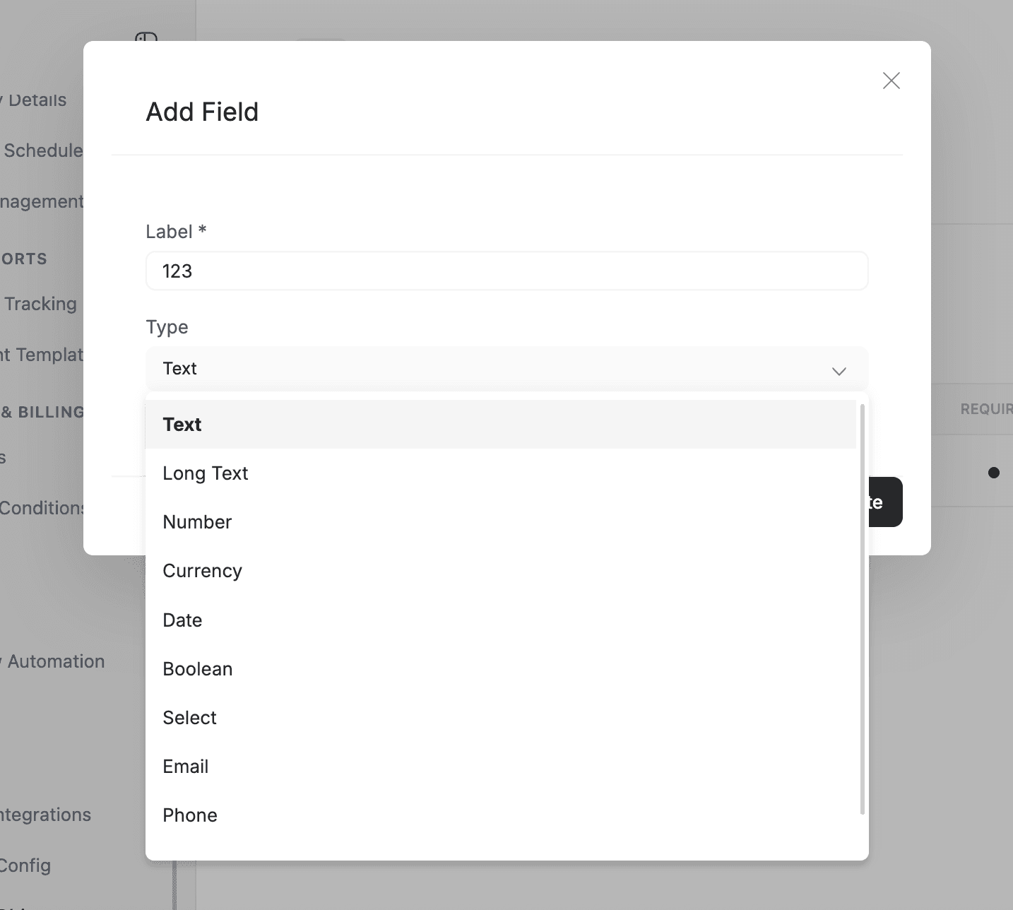 FieldCamp Add Field modal for custom objects showing field name, type dropdown with available types, and required, visible, and read-only toggles
