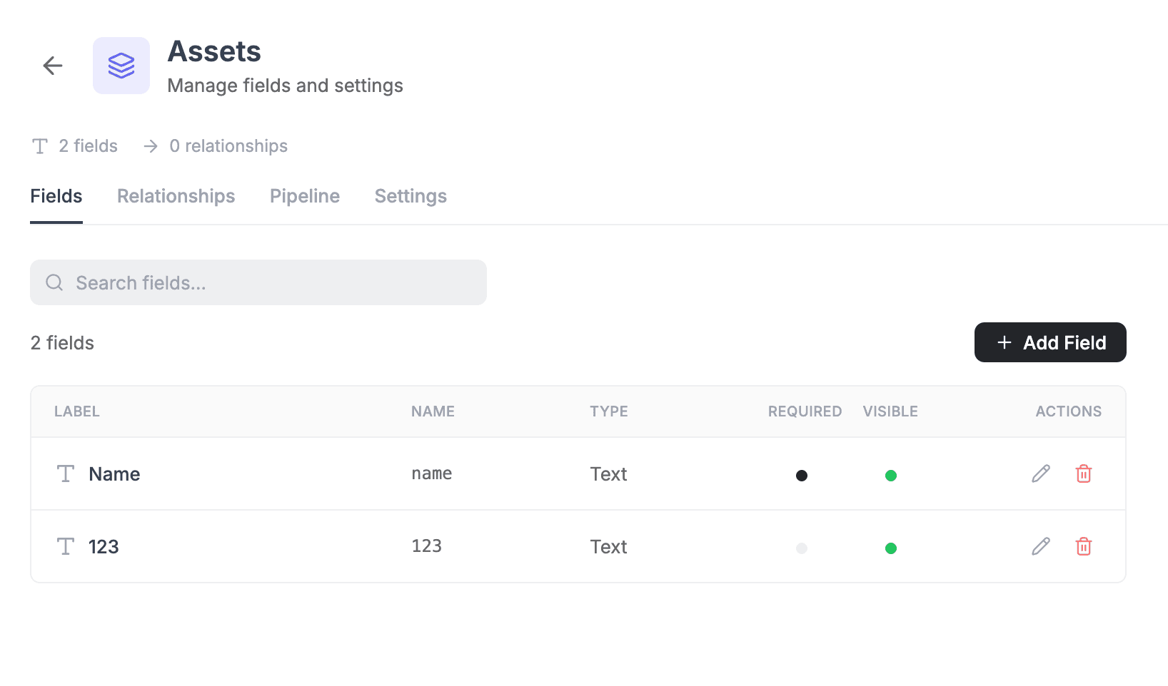 FieldCamp custom object records table with search bar, pagination controls, and Add button for creating new records