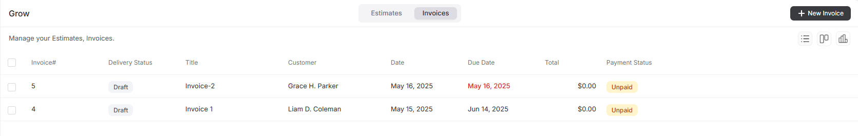 table view for invoice