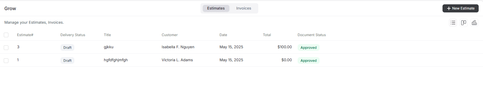 estimate table view