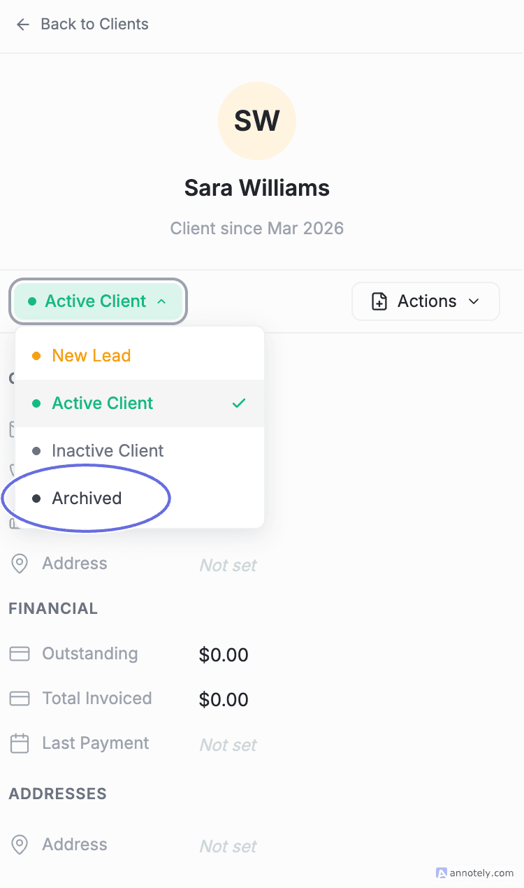 FieldCamp client detail page with Stage dropdown open and Archived option highlighted for archiving the client
