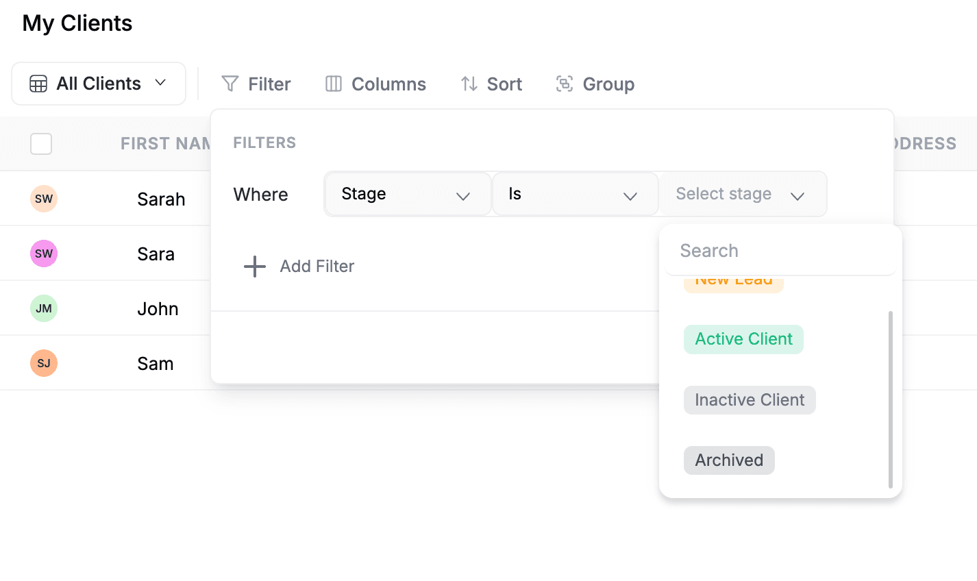 FieldCamp My Clients page with Filter dropdown open and Archived stage filter on for filtering the clients by archived
