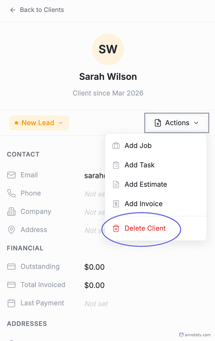 FieldCamp delete client confirmation modal showing counts of related jobs, visits, tasks, and other records that will be permanently removed