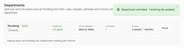 FieldCamp Departments settings page showing an active Plumbing department with 2/2 readiness gates, its local manager, one job type, two people and a Pause button