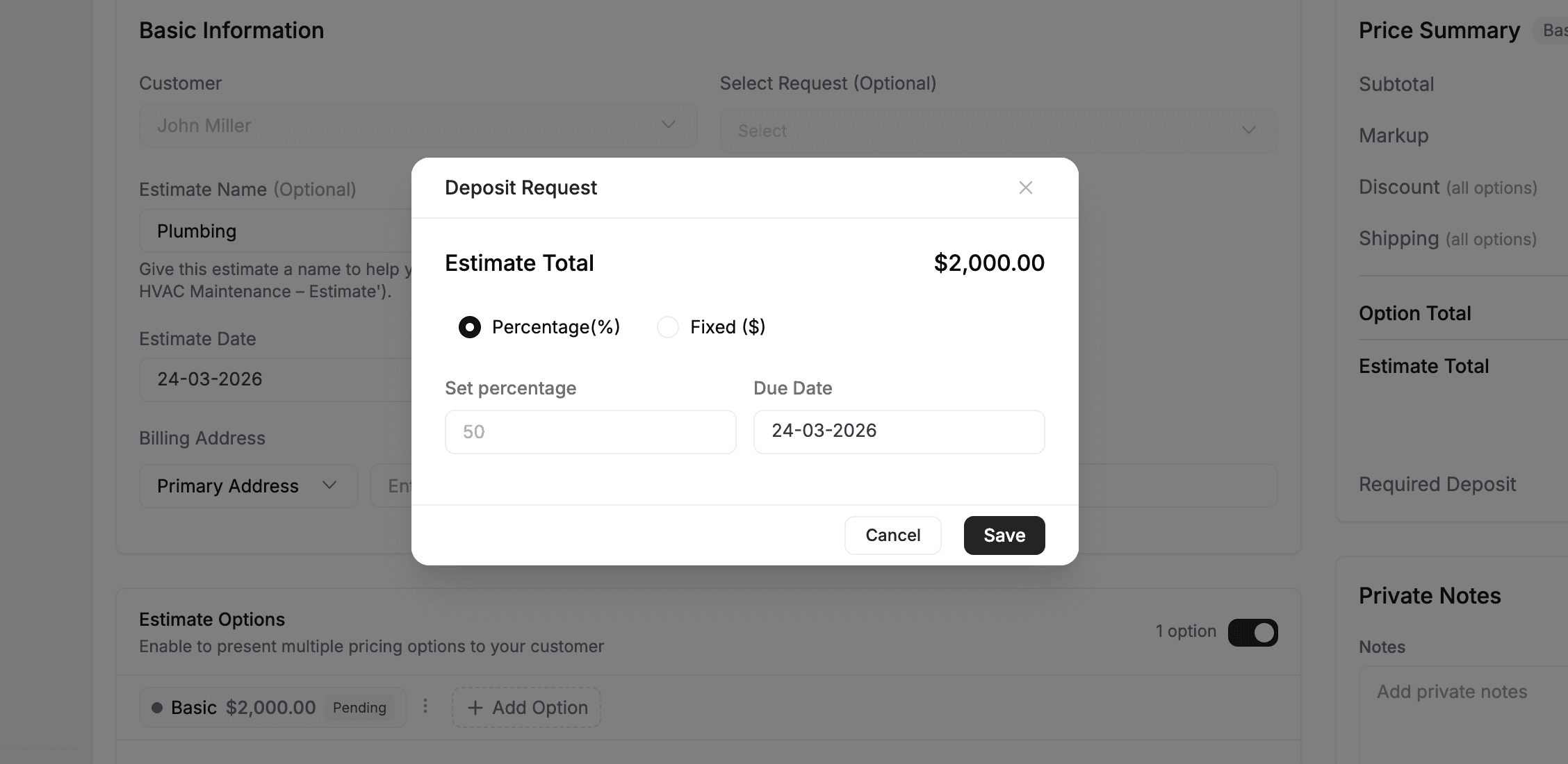 FieldCamp deposit modal on an estimate with percentage and fixed amount toggle, deposit amount field, and due date picker