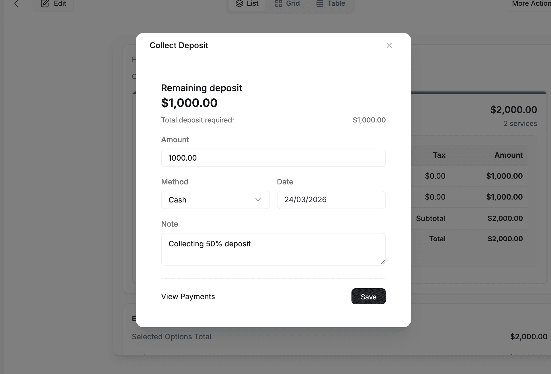 FieldCamp Record Payment modal for deposits showing amount, payment method dropdown, and notes field