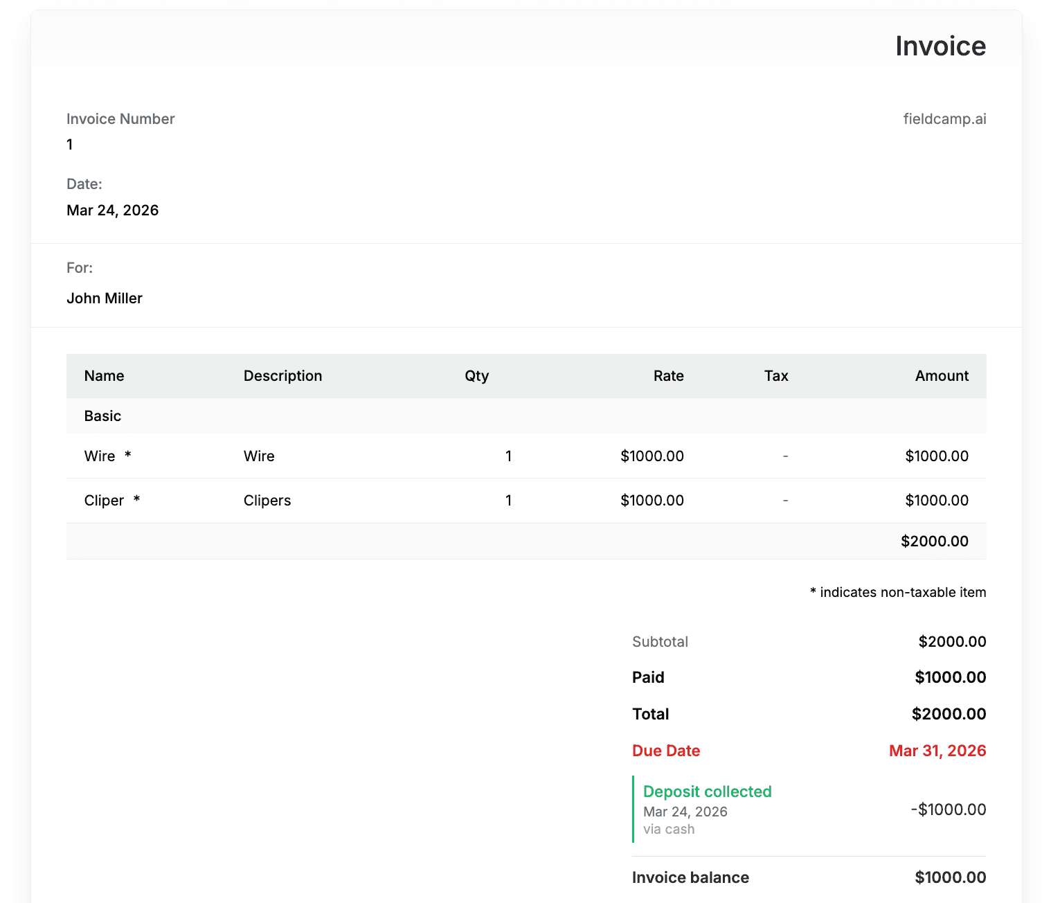 FieldCamp invoice price summary showing total amount, deposit applied, and remaining invoice balance owed