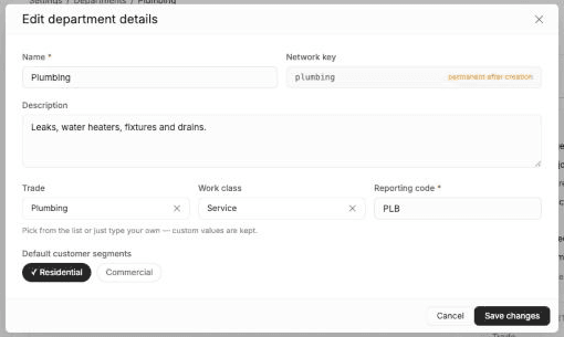 FieldCamp Edit department details dialog with editable name, description, trade, work class and reporting code, and a read-only network key marked permanent after creation