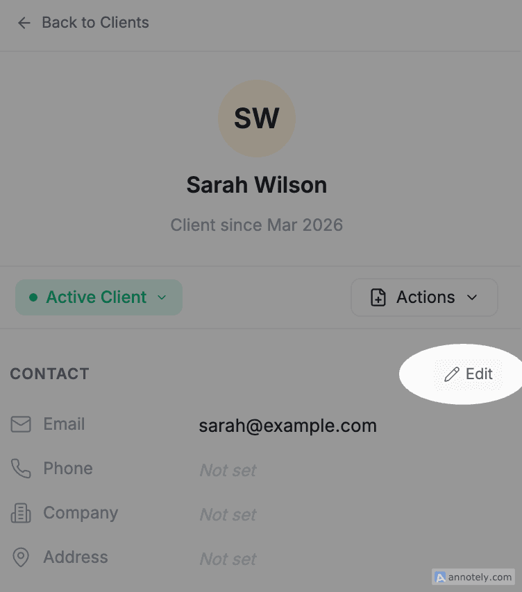 FieldCamp client detail page with the Edit pencil icon button highlighted in the top-right corner