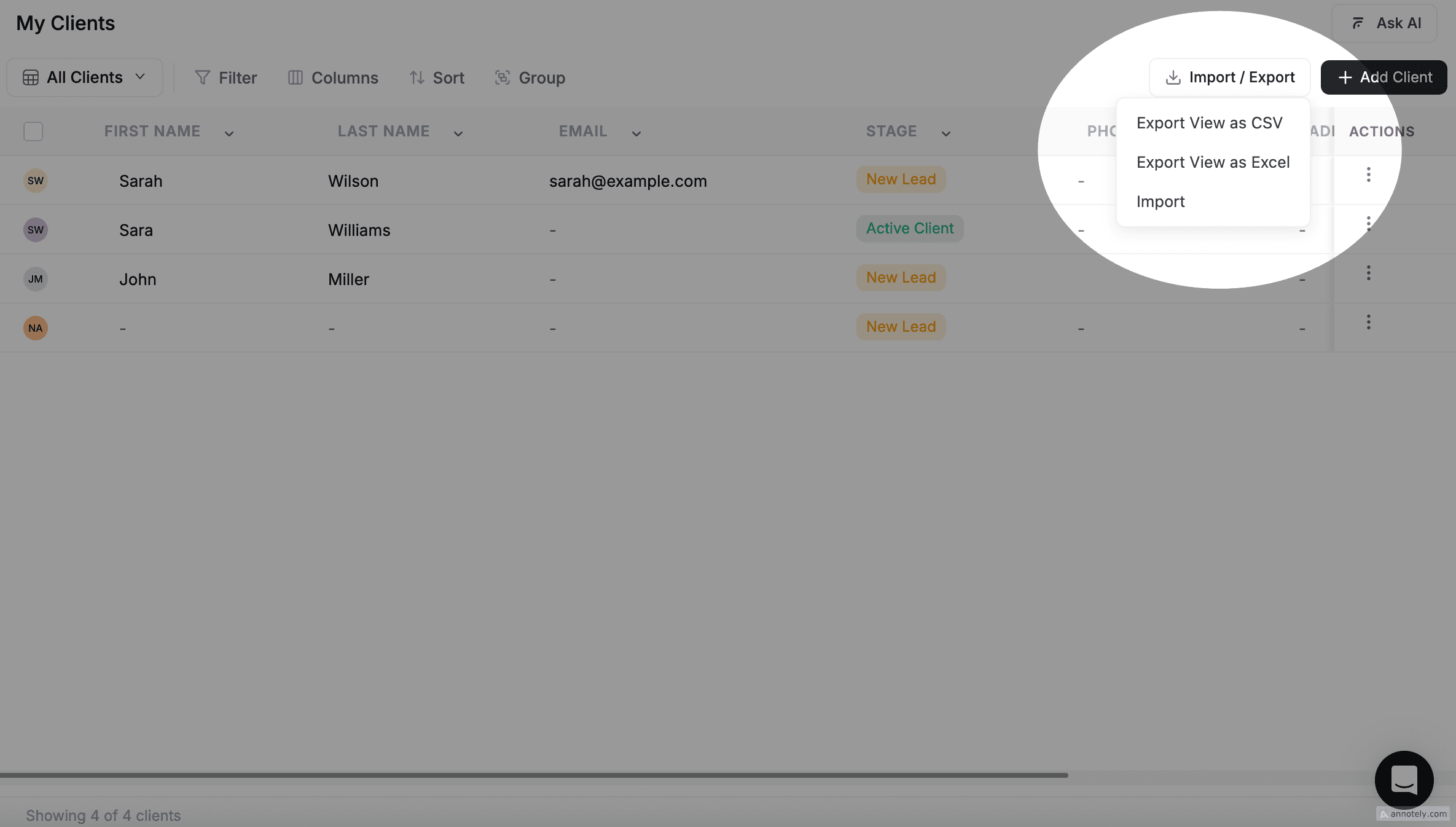 FieldCamp Clients toolbar showing the Import/Export dropdown with Export View as CSV, Export View as Excel, and Import options