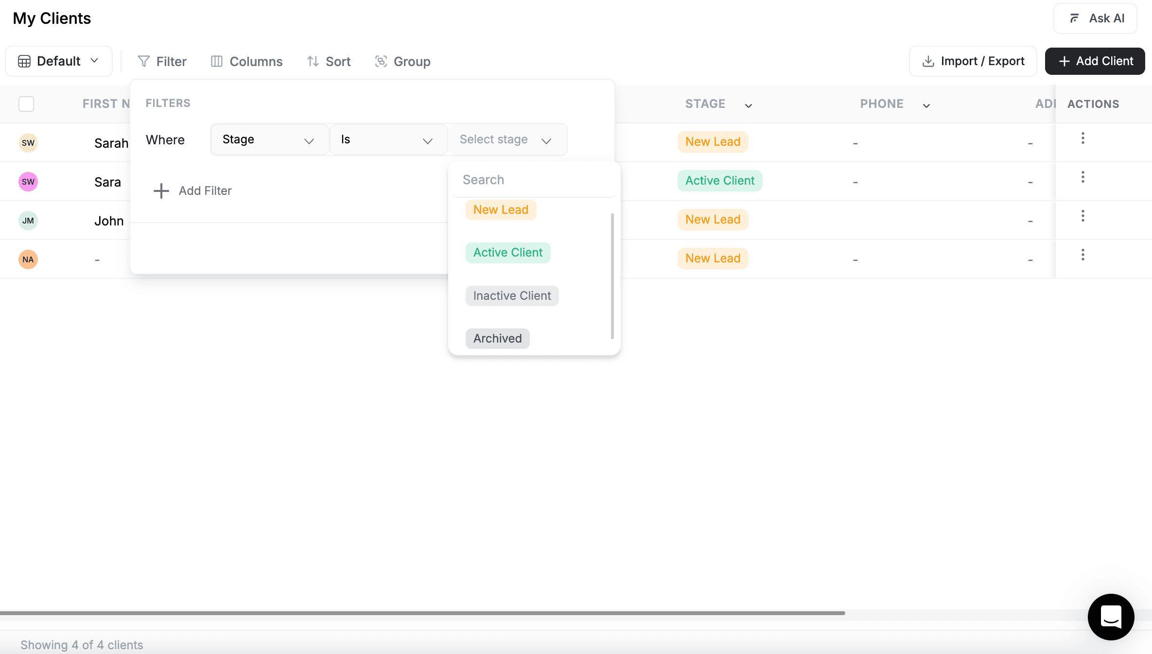 FieldCamp Clients page with a stage filter applied showing how to export only filtered clients via the Import/Export dropdown