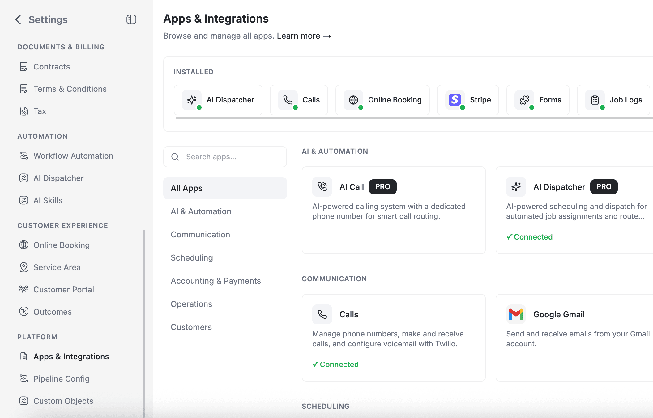 FieldCamp Settings Apps and Integrations page showing available add-ons including Job Forms, Online Booking, AI Dispatcher, and more