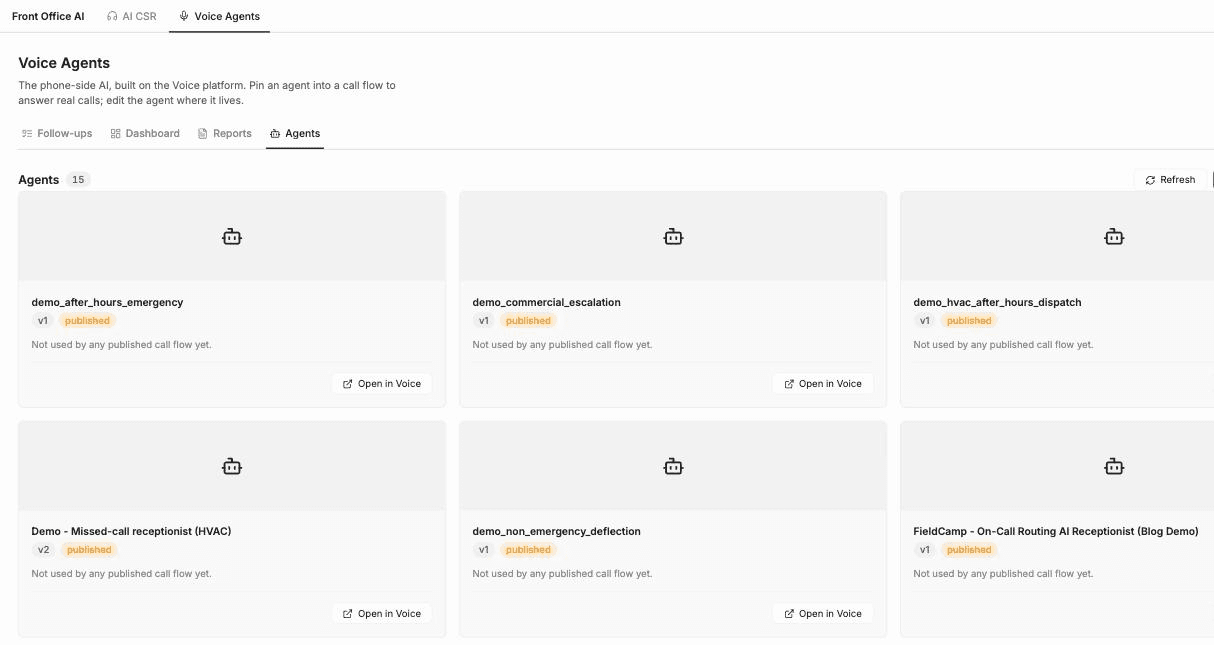 Front Office AI Voice Agents page in FieldCamp on the Agents tab, showing agent cards with version and published badges, call flow status and Open in Voice buttons