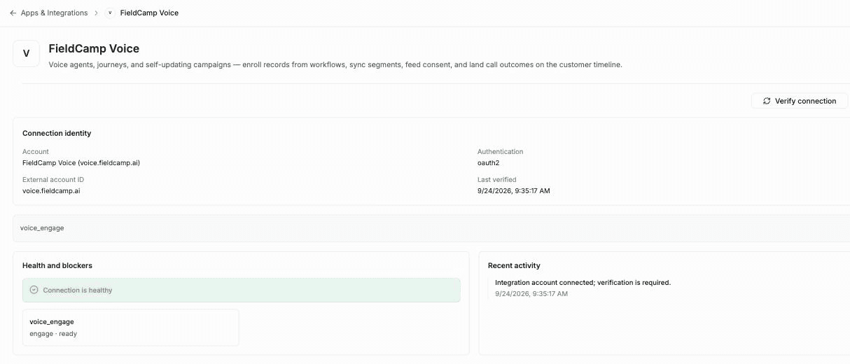 FieldCamp Voice integration page in FieldCamp with the Verify connection button, Connection identity details, a Health and blockers panel reading Connection is healthy, and a Recent activity panel