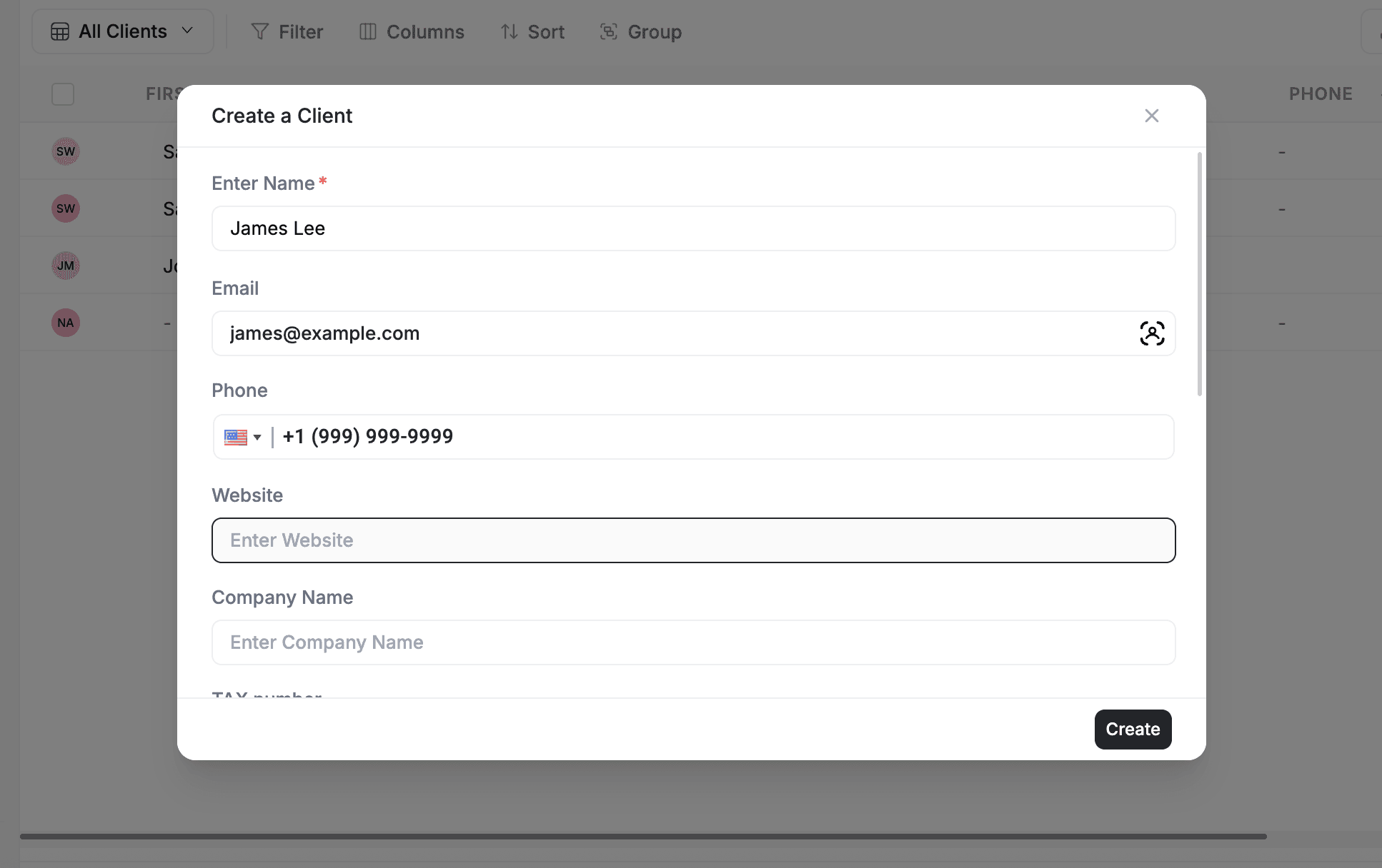 Fieldcamp Add Client with Name, Email, Phone, Website, and Company Name