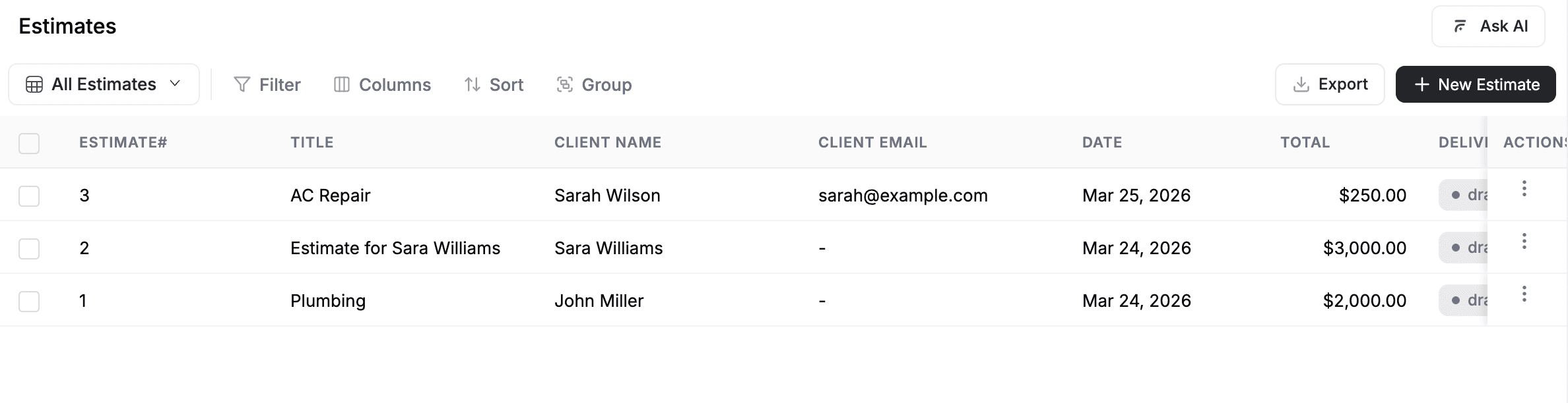 Fieldcamp Estimate with all client information and estimate totals.
