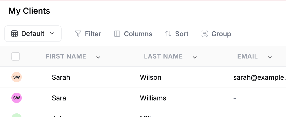 FieldCamp Clients page toolbar showing Filter, Sort, and Group By controls above the client list table