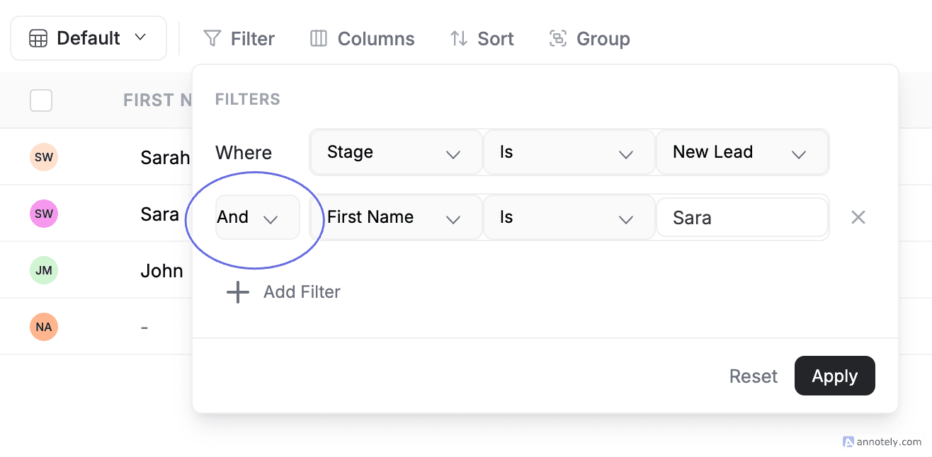 FieldCamp Clients page Filter tool showing Combining Filter with And/Or annotated
