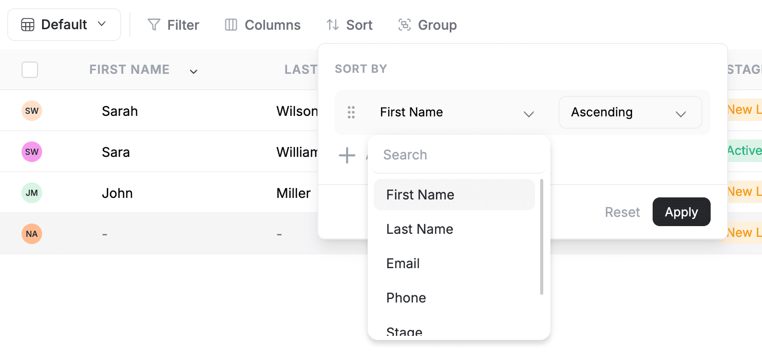 FieldCamp Clients page Sort tool showing Sort by Section and Fields