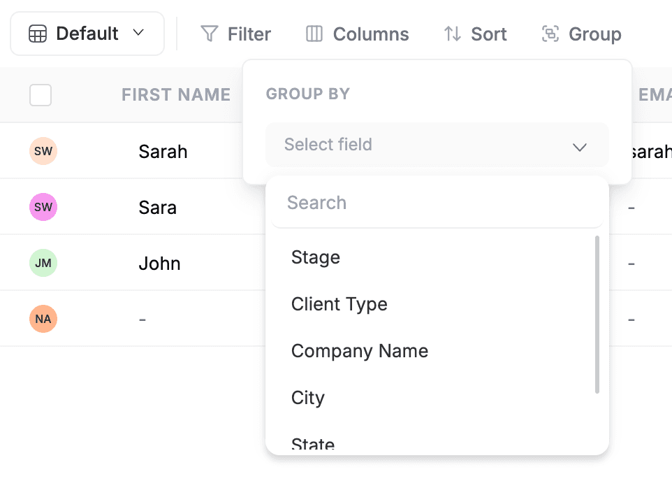 FieldCamp Clients page Group tool showing Group By and the Fields