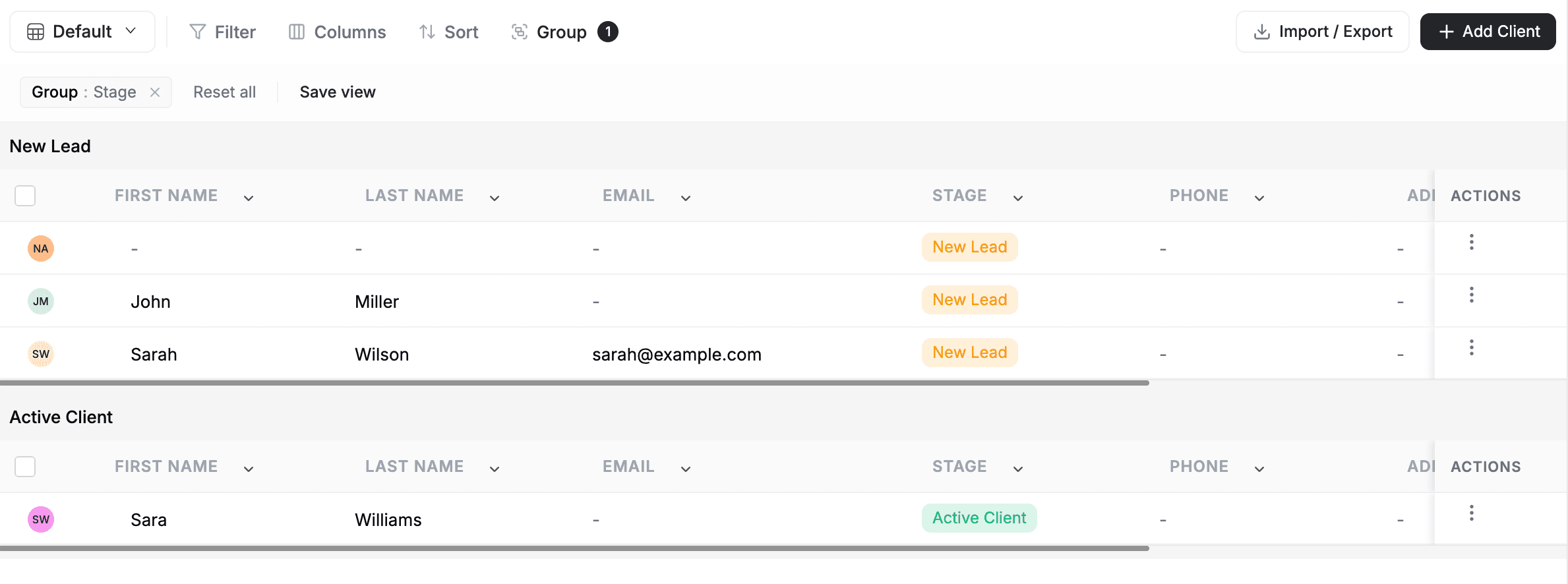 FieldCamp client list grouped by city with collapsible sections showing client count per group and expanded records