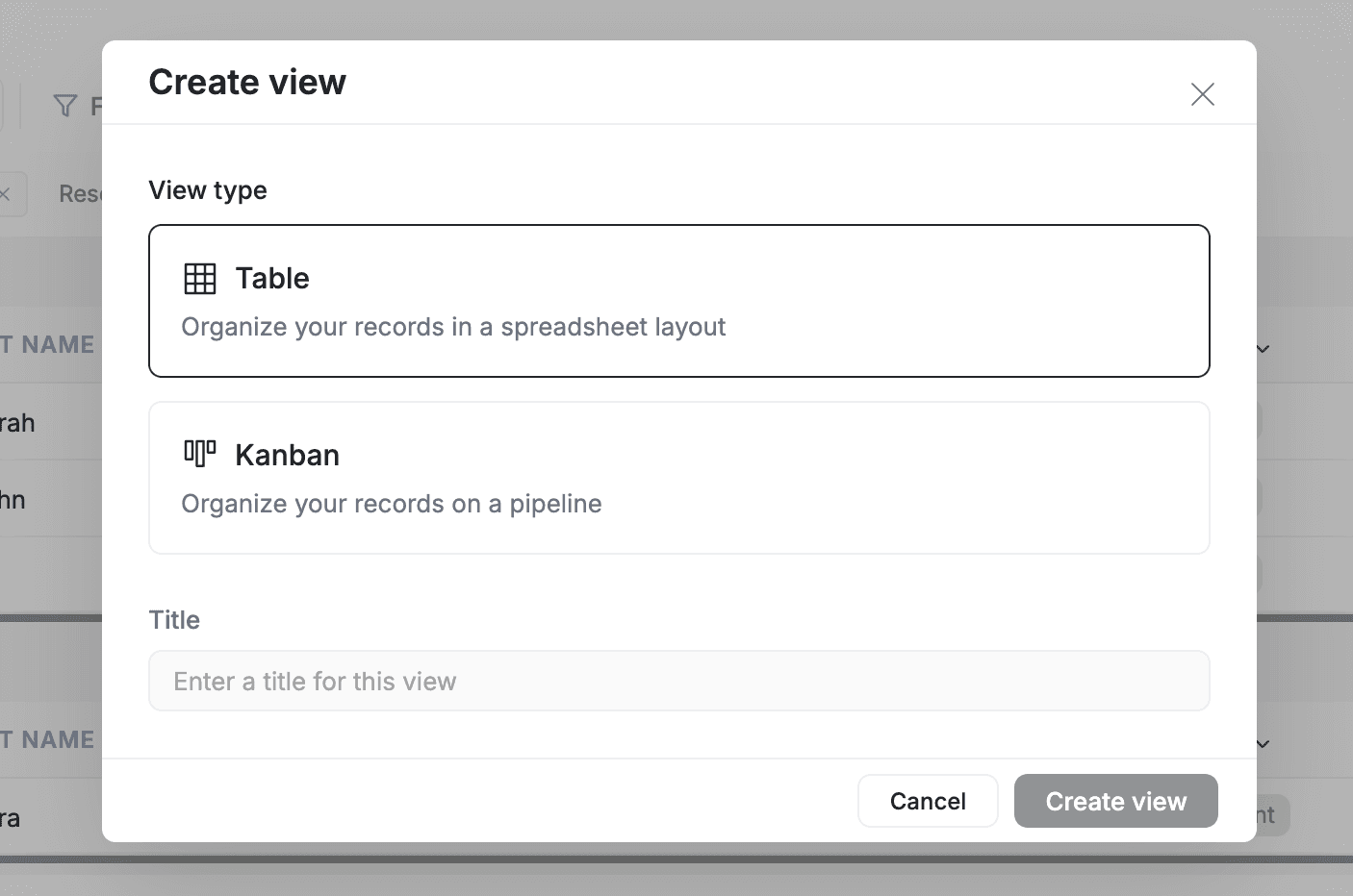 FieldCamp client list Custom View, View type - Table and Kanban with Title section