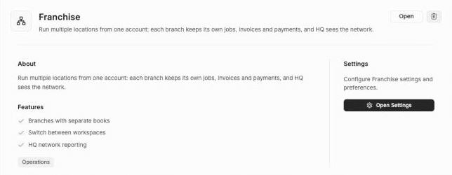 FieldCamp Franchise add-on page after activation, with Open and uninstall buttons, the About text, the features Branches with separate books, Switch between workspaces and HQ network reporting, an Operations tag and an Open Settings button
