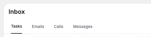 FieldCamp Inbox module displaying four communication tabs — Tasks, Emails, Calls, and Messages — for managing all client interactions in one place.