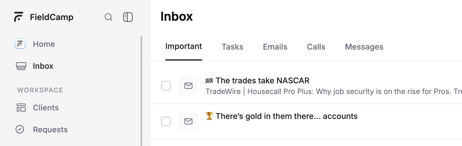 FieldCamp Inbox showing the Important tab with sidebar navigation and email list
