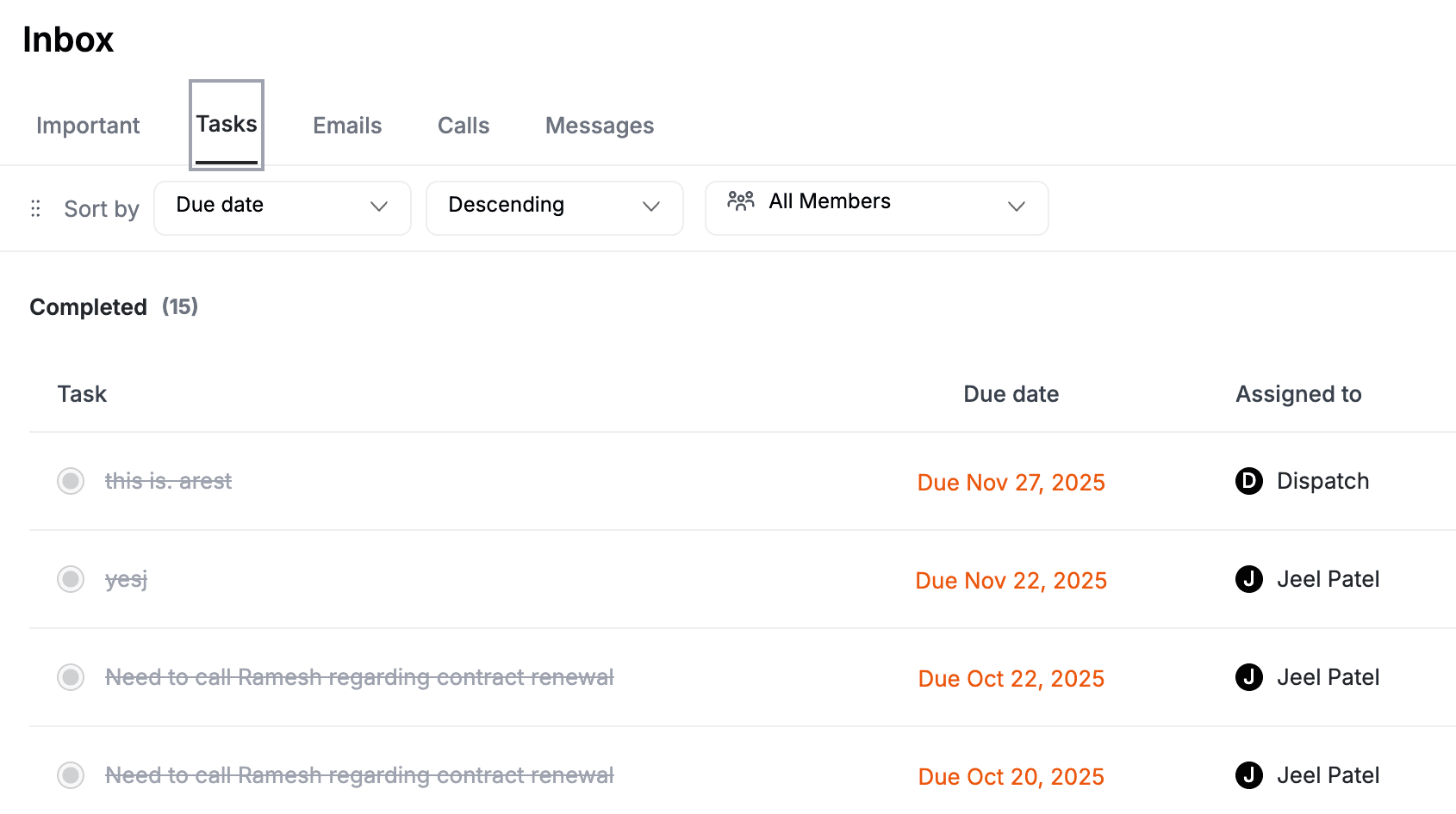 FieldCamp Inbox Tasks tab showing completed tasks list with due dates and assigned team members