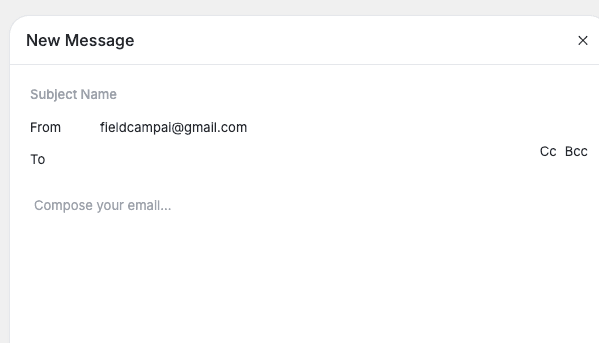 FieldCamp Inbox compose email screen showing how to draft and send a new client email directly from Inbox