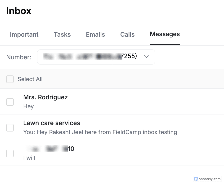 FieldCamp Inbox Messages tab showing SMS conversations with clients and select-all checkbox for bulk actions